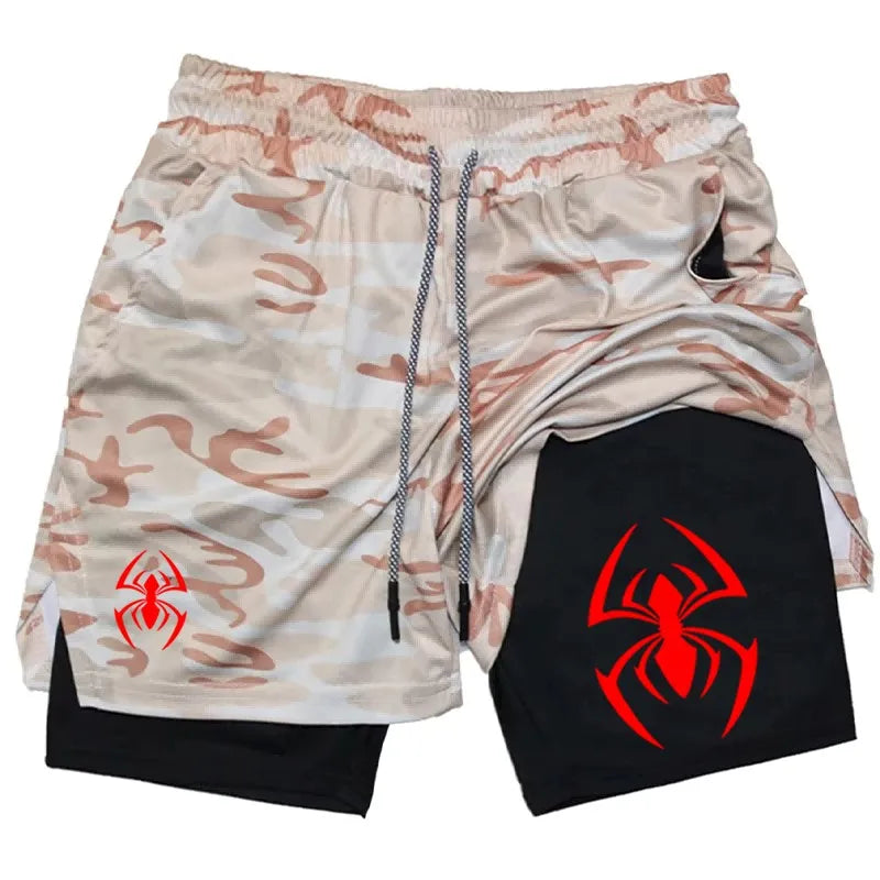 Red Spider Logo 2-in-1 Compression Gym Shorts Men Quick Dry Liner Workout Training Running Sports Athletic Casual wx201