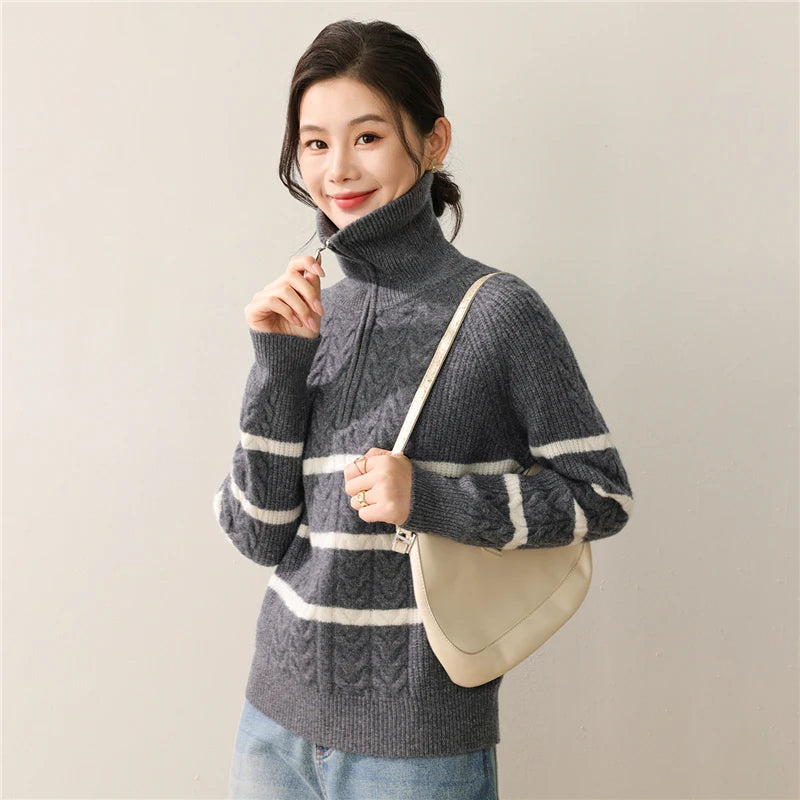Women 100% Merino Wool Half Zipper Twisted Flower Pullover Knitted Collar Striped Color Blocking Sweater Casual Thick Warm Tops - ATFH