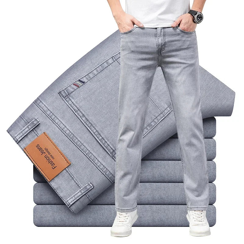 Summer Thin Men's Elastic Cotton Jeans Fashion Gray Comfortable Business Straight Casual Pants Brand Male Clothes Trousers ATFH