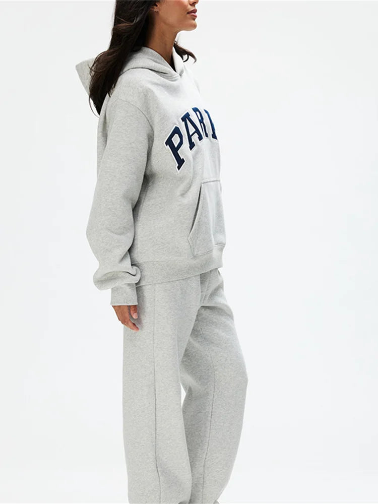 Autumn/winter Women's Long Sleeve Hooded Sweatshirt Classic Denim Letter Patch Embroidered Loose Hoodies for Female Pullover Top