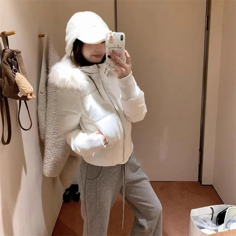Korean Cotton Jacket Women's Short Winter 2026 New Item Small Cotton Jacket Big Fur Collar Waist Slimming Cotton Jacket Pink