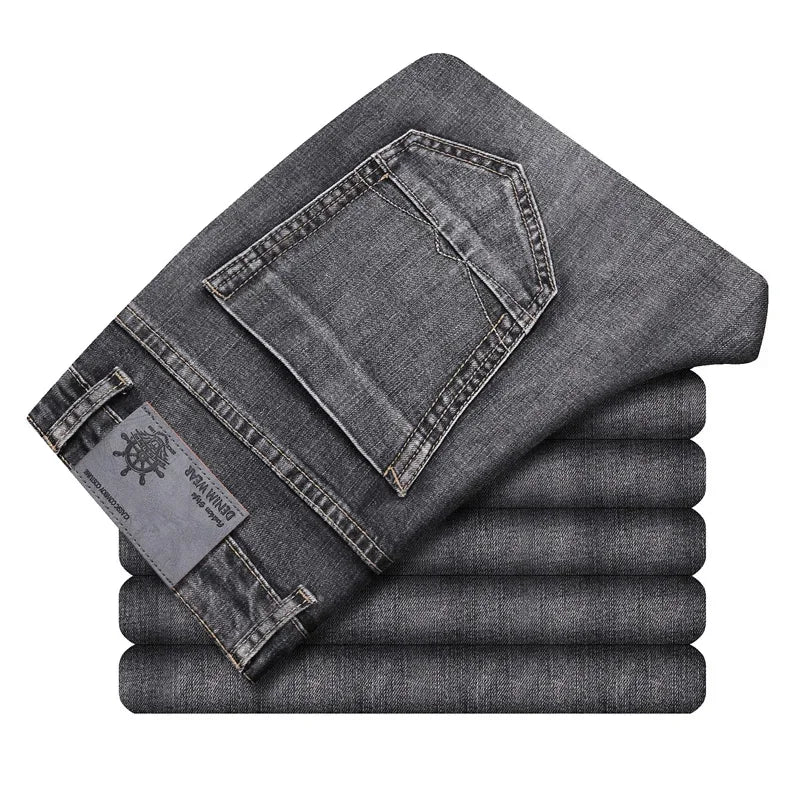 Cotton Stretch Jeans Business Casual Men's Thin Denim Jeans Grey Spring Summer Brand New Fit Straight Lightweight ATFH