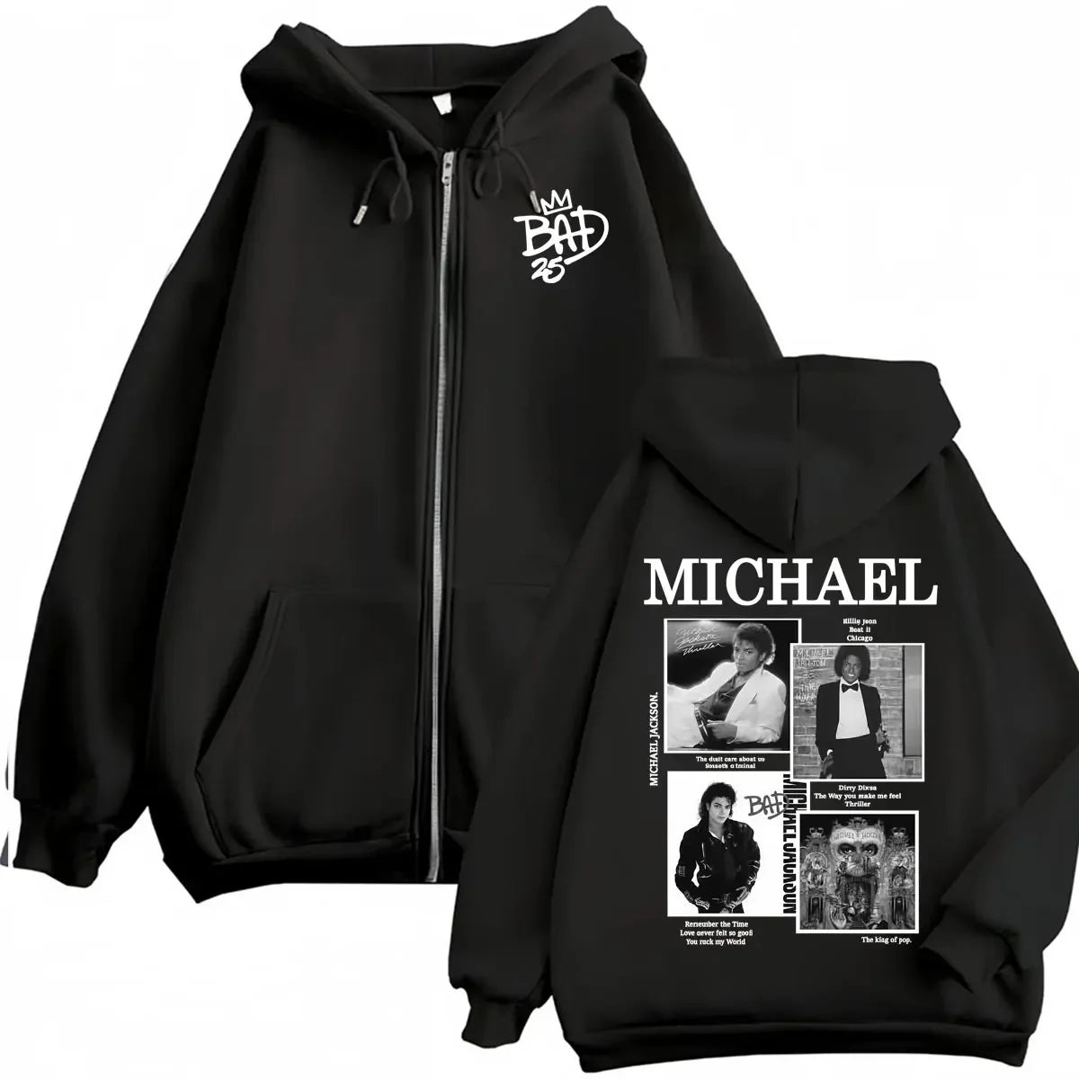 King of Pop Michael Jackson Bad Era Zipper Hoodie Men Women Harajuku Streetwear Jacket Sweatshirt Fleece Casual Zip Up Pullovers