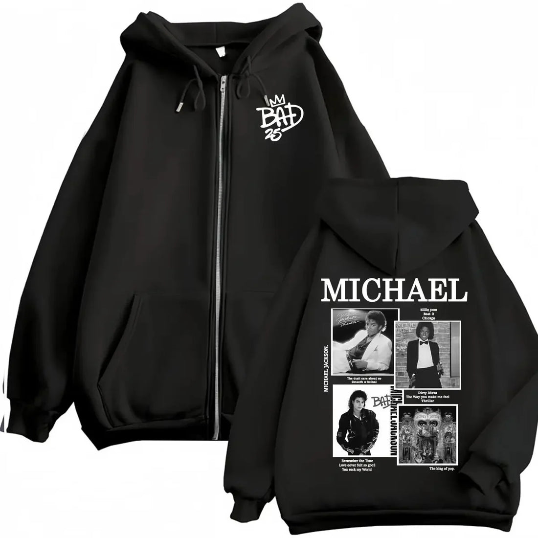 King of Pop Michael Jackson Bad Era Zipper Hoodie Men Women Harajuku Streetwear Jacket Sweatshirt Fleece Casual Zip Up Pullovers
