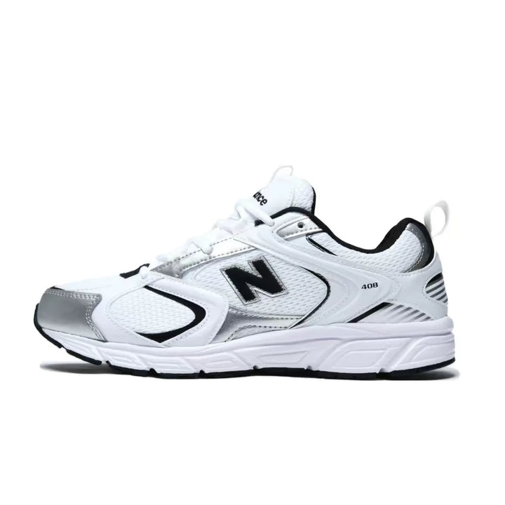 New Balance 408 unisex low-top sneakers, white with black N logo and breathable mesh upper.