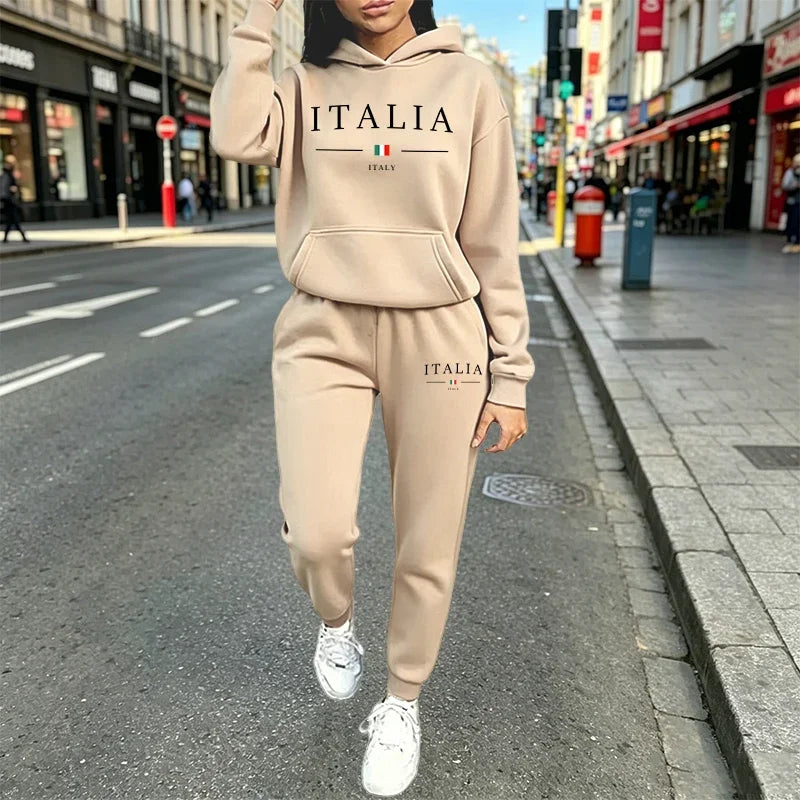 Casual Women's Outfits Print Hooded Sweatshirt 2 Pcs Suit Daily Sports Jogging Sportswear Clothing AutumnWinter Woman Pants Sets