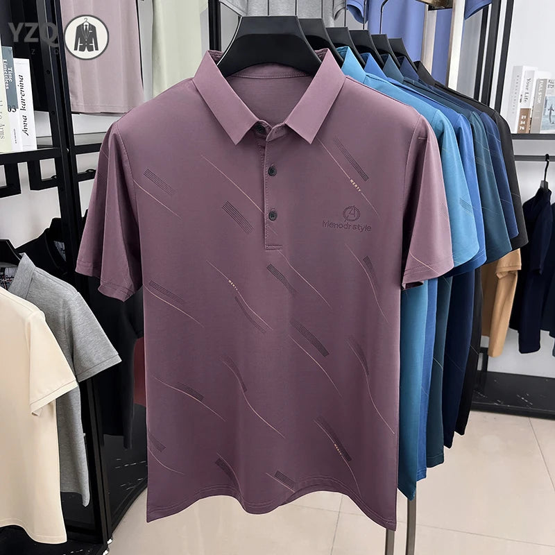 Mens Business Casual Printed Polo Shirt Short Sleeve Lightweight Fabric Comfortable Fit Suitable For Work And Daily Outings