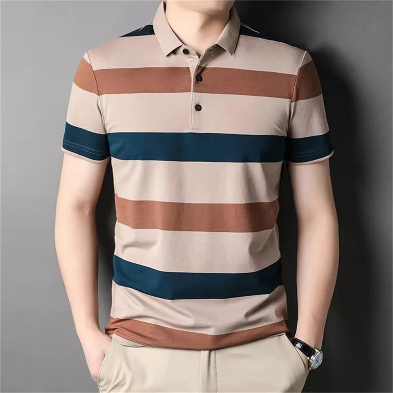 Men's Stripped Pattern Polo Shirt Summer Casual Short Sleeve Button Golf T Shirt Clothes Men's Oversized Polo Shirts Tops