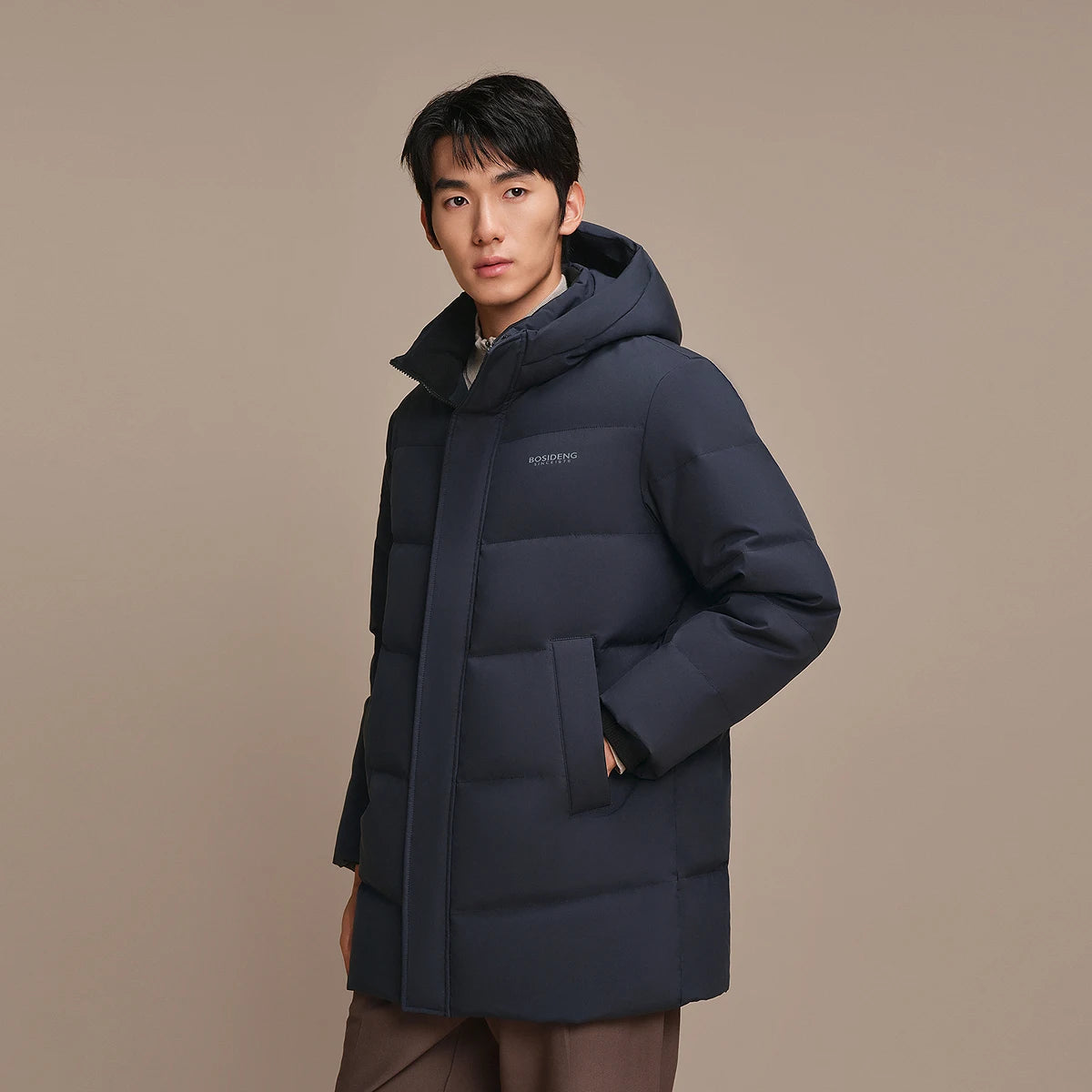 Bosideng Long Hooded Down Coat With Ribbed Cuffs Double Zipper And Side Pockets Windproof Warm Winter Jacket