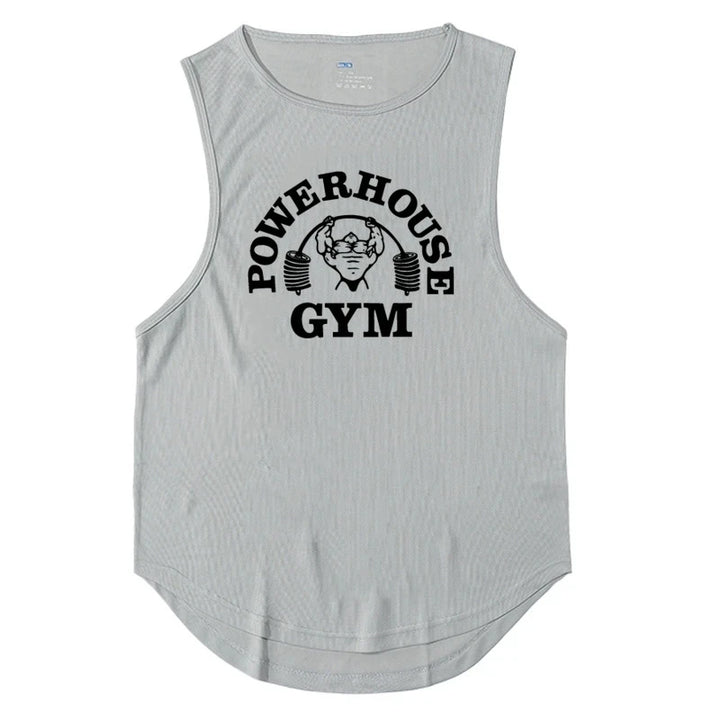 Men's ATFH tank top sleeveless gym vest with Powerhouse Gym graphic on light gray fabric