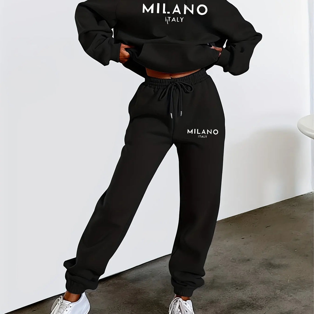 Women's Autumn/Winter Hoodie+Sports Pants Set Street Casual MILANO ITALY Letter Printed Fashion and Velvet Warm Clothing