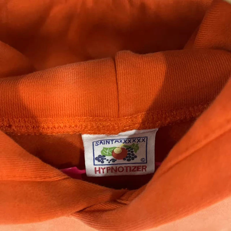 Simple Classic Letters Logo Print Orange Saint Hoodie Hooded Men Women Streetwear Vintage Washed Damaged Hole Pullovers - ATFH