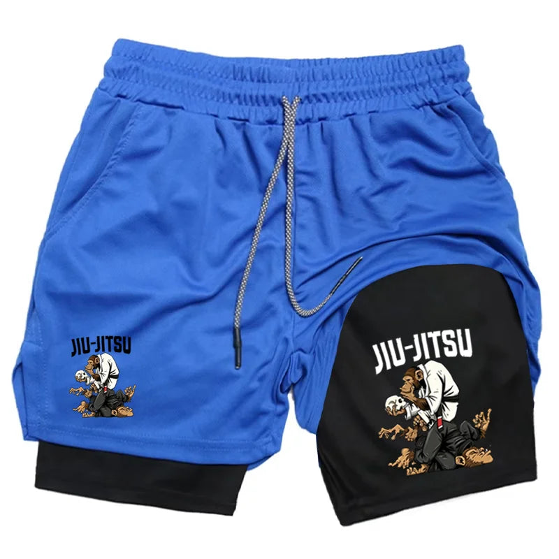 Men's Jiu Jitsu Monkey Print 2-in-1 Compression Shorts Quick Dry Gym Training BJJ Sports Workout Shorts with Liner WX198