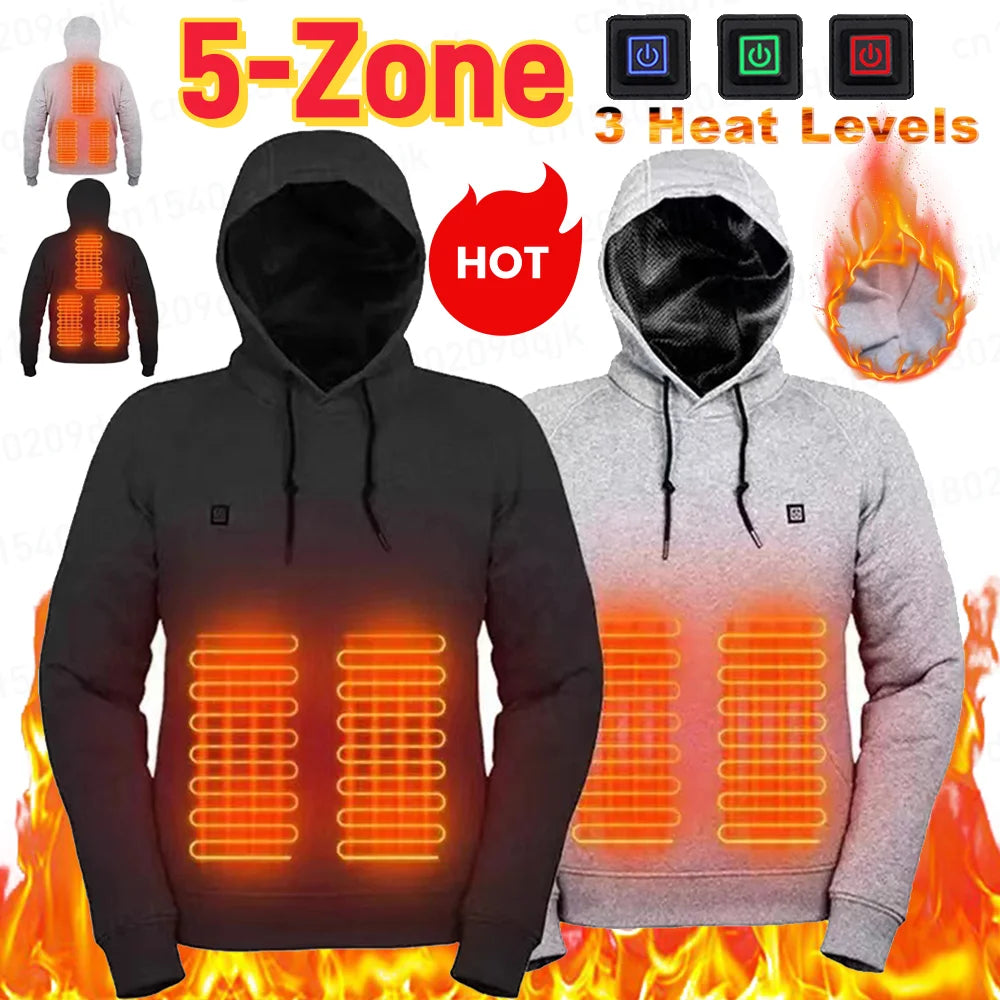 Men Women USB Heating Hoodies Vintage Heated Jacket 5 Heating Zones 3 Heat Levels Long Sleeve Streetwear Loose Coats Sweatshirts - ATFH
