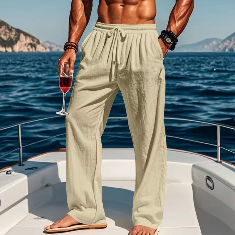 Spring and summer new men's solid-color cotton and linen casual long pants, Hawaiian beach loose sports and breathable street pa