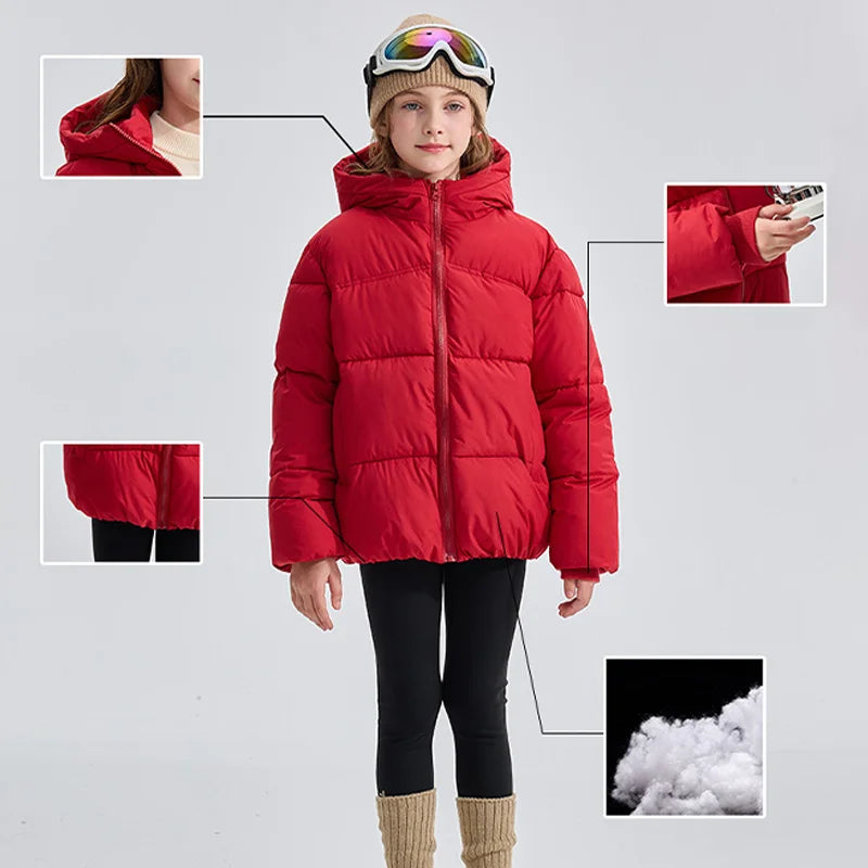 Winter Boys Girls Cotton Down Jacket Solid Windproof Thick Warm Hooded Mid-length Coat for 3-10 Years Kids Casual Outerwear