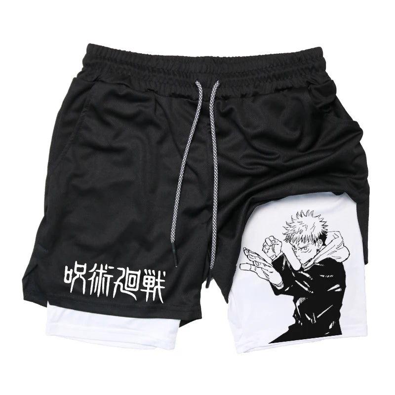 Anime Graphic 2 in 1 Compression Shorts for Men GymQuick Dry Activewear Workout Running with Phone Pockets Athletic