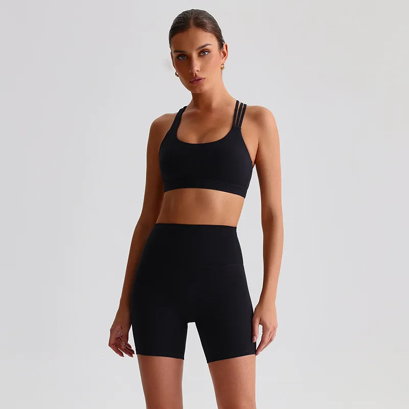 Women's Seamless Yoga Set Quick-Dry Sexy Backless Sportswear Bra High-waisted Shorts Outdoor Running Gym Fitness Workout Outfit - ATFH