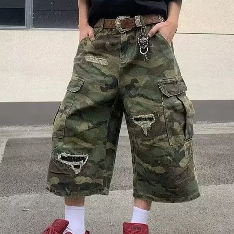 2025 Mens Camo Cargo Denim Shorts Distressed Straight Leg Casual Seven Inch Shorts Y2K Streetwear Vintage Loose Fit Summer Fashi ATFH