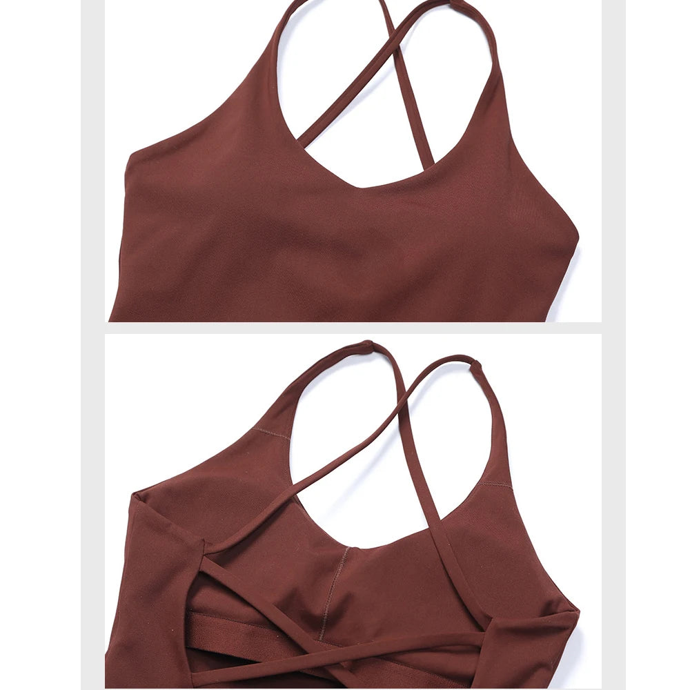 Womens Longline Sports Bras V Neck Criss Cross Back Gym Yoga Padded Workout Crop Tank Top with Built in Bra - ATFH
