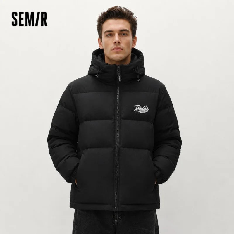 Semir Down Jacket Men Winter 80% Down Fill Loose Hooded Outerwear Textured Street Trendy Letter Printed Top Men'S Clothing