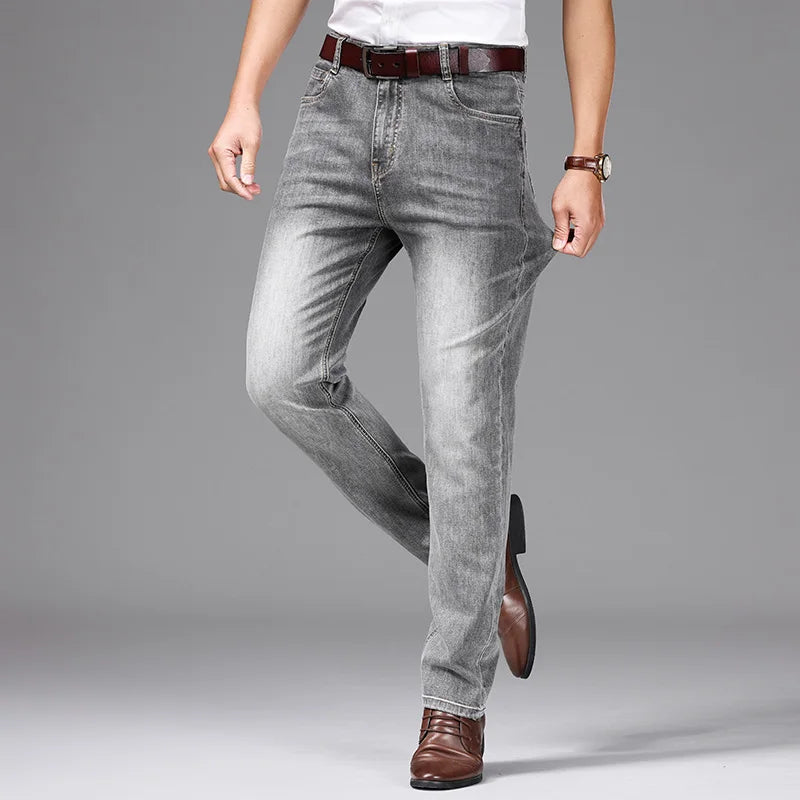 Spring/Summer 2023 Men's Gray Frayed Thin Jeans Classic Style Business Fashion Cotton Denim Stretch Pants Male Brand Trousers ATFH