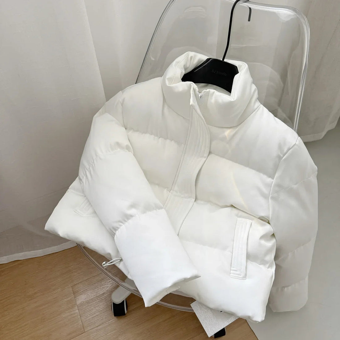 Fall and Winter New Women Tops Parkas Coats Stand Collar Long Sleeve Drawstring Waist Short Warm Parkas Jacket Female Clothing ATFH