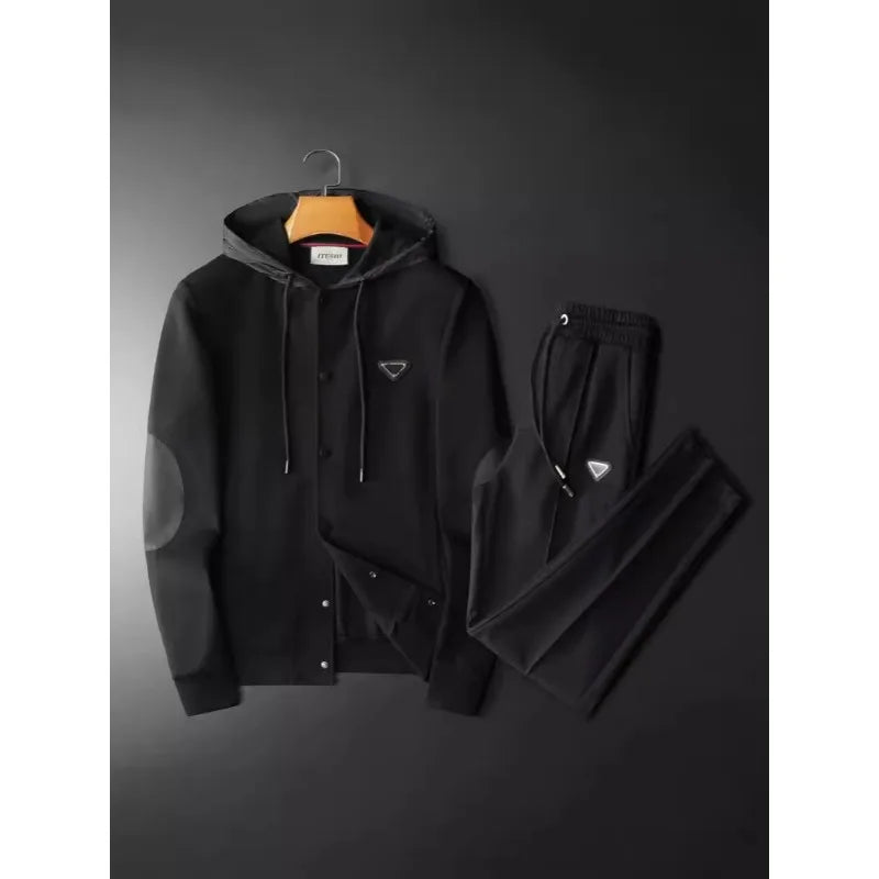 Minglu Autumn Winter Sprot Casual Male Sets Luxury Single Breasted Solid Color Hooded Man Sweatshirts Fashion Mens Sweatpants - ATFH