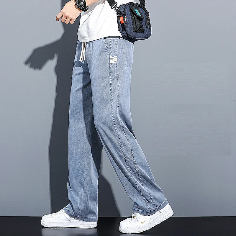 2024 Spring/Summer New Soft Lyocell Fabric Men's Jeans Thin Loose Straight Leg PantsDrawstring Elastic Waist Korean casual pants ATFH