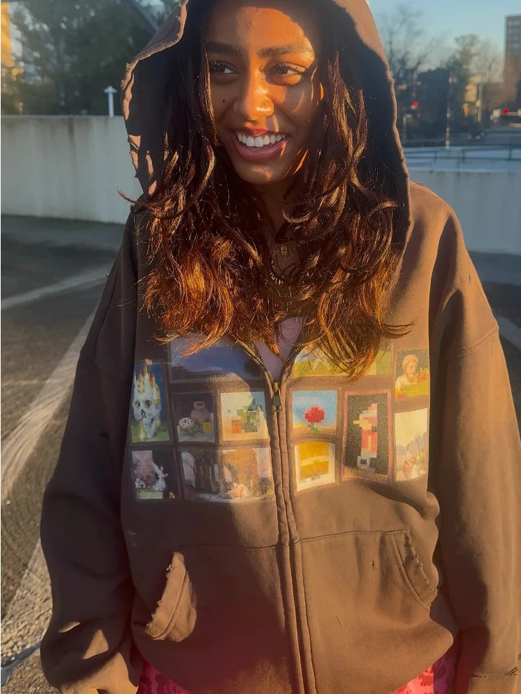 Y2K Retro Gallery Hoodie Brown Pixel Painting Art Pattern Zip Up Sweatshirt Trendy Classic Streetwear Unisex Oversize Clothing - ATFH