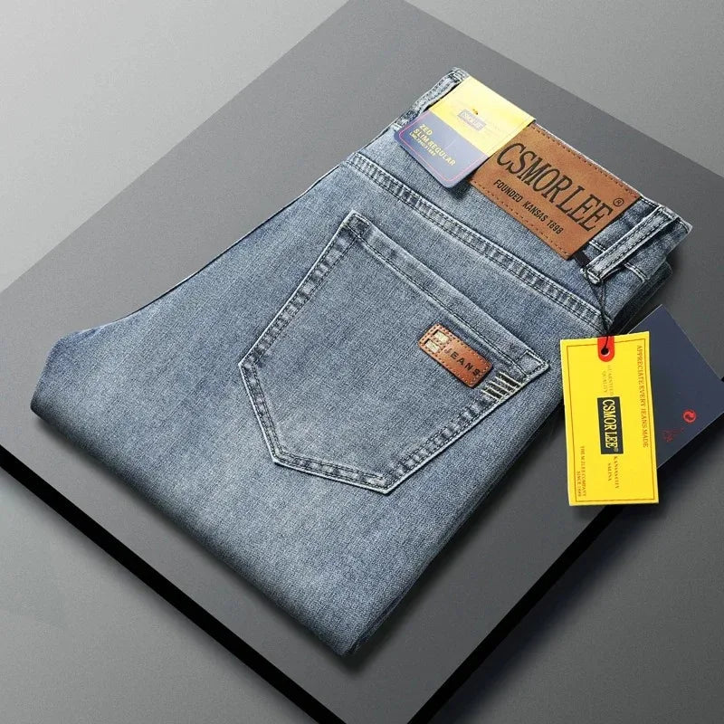 Cotton Stretch Jeans Business Casual Men's Thin Denim Jeans Grey Spring Summer Brand New Fit Straight Lightweight ATFH
