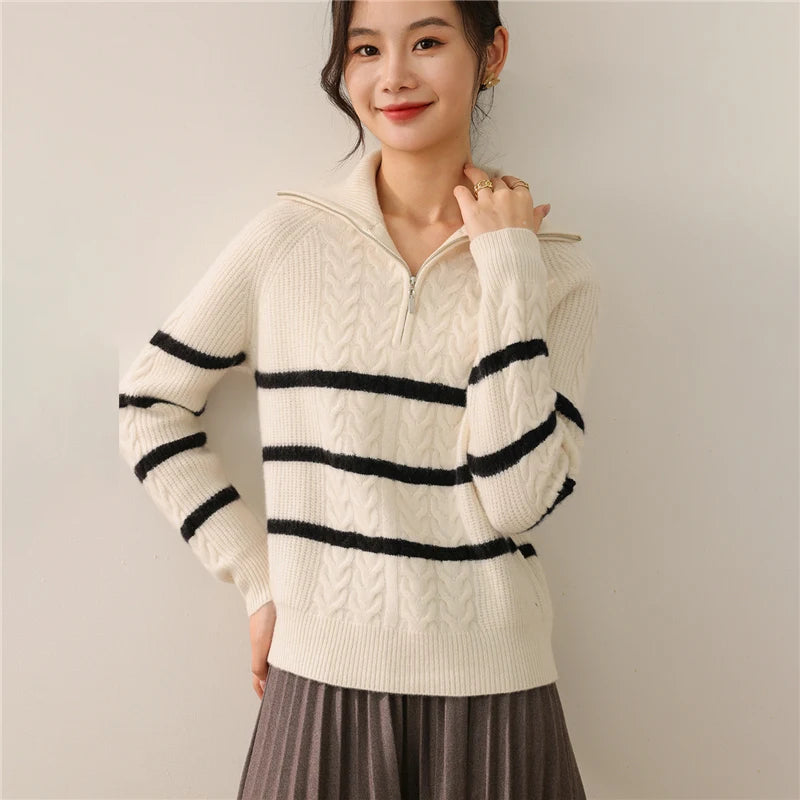 Autumn and winter new 100% pure wool high neck sweater women's casual knitted cashmere pullover loose hot selling women's top - ATFH