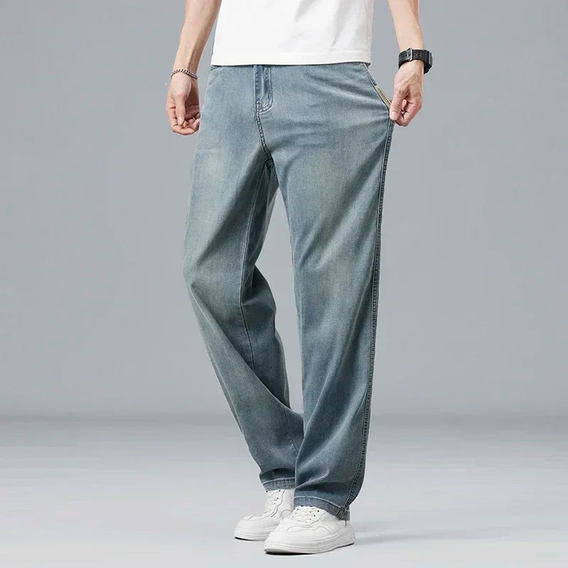 2026 New Summer Ultra-thin Lyocell Men's Jeans Drape Soft Fabric Loose Straight Casual Denim Pant Elastic Ice Silk Male Trousers ATFH