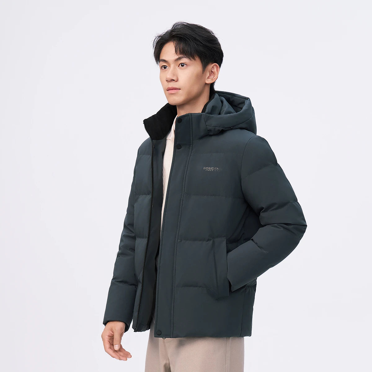 Bosideng Mens Short Hooded Down Jacket With Ribbed Cuffs High Neck And Double Placket For Windproof Warmth