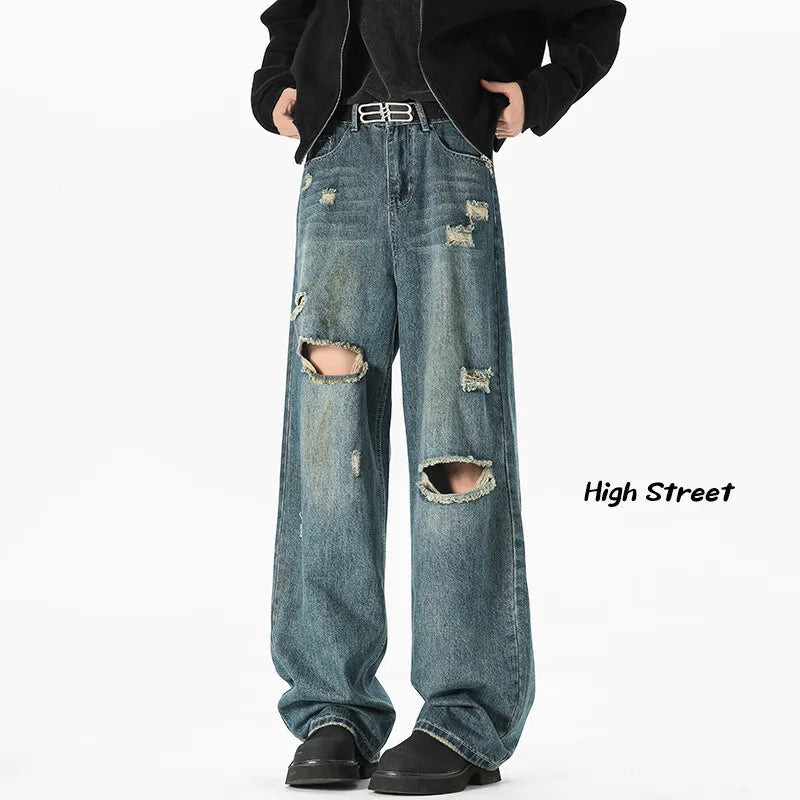 NEW Baggy jeans man Frayed Damaged Hole Baggy Wide Leg Jeans for Men and Women Streetwear Casual Ropa Hombre Denim Trousers ATFH