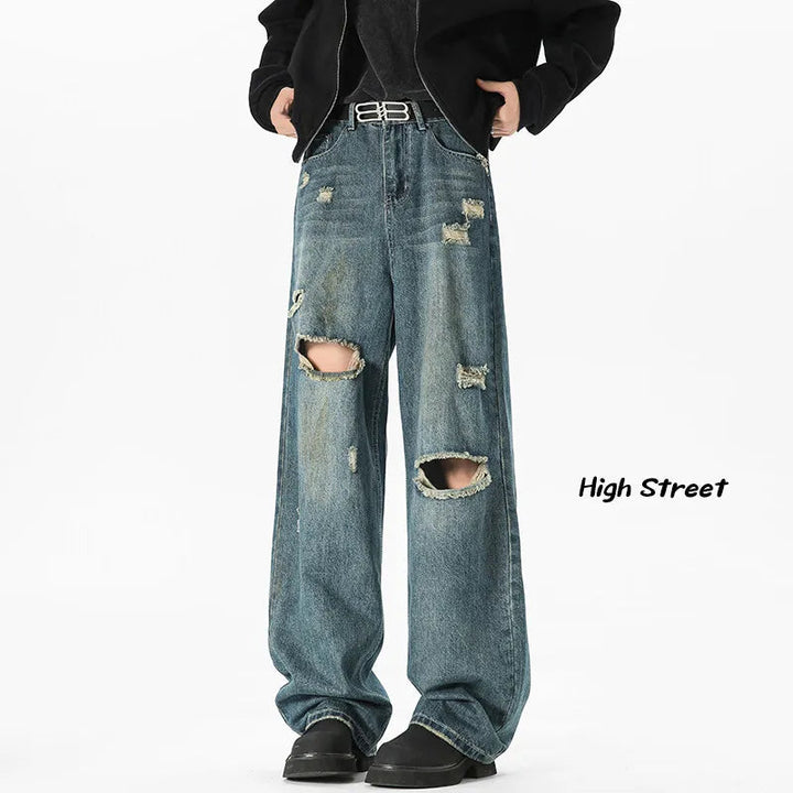 NEW Baggy jeans man Frayed Damaged Hole Baggy Wide Leg Jeans for Men and Women Streetwear Casual Ropa Hombre Denim Trousers ATFH