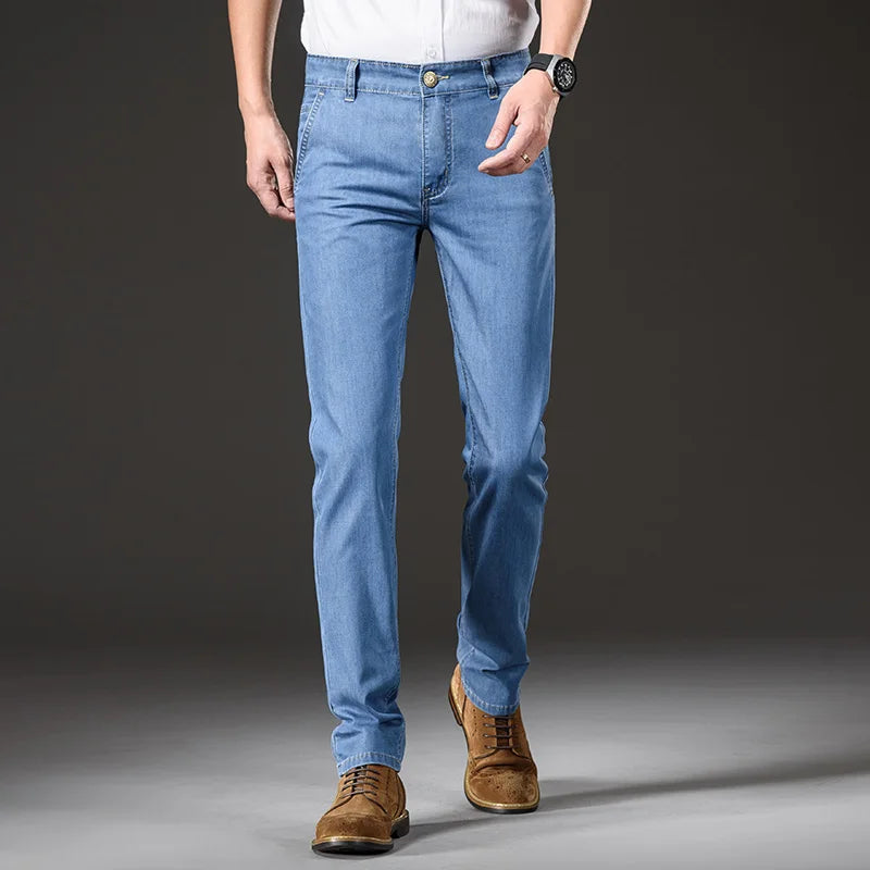 Modal Fabric Summer Thin Men's Jeans Straight Business Fashion Comfortable Breathable Male Brand Clothing Denim Trousers ATFH