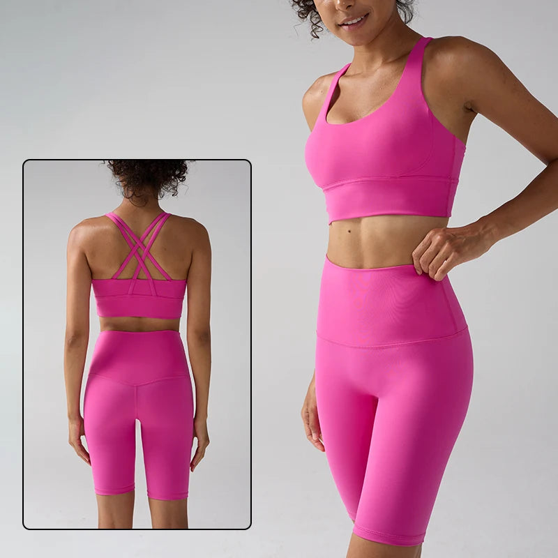 Women's 2 Piece Yoga Gym Sports Clothes Set Cross Back Bra Top with High Waist Shorts Fitness Running Workout Tracksuit - ATFH