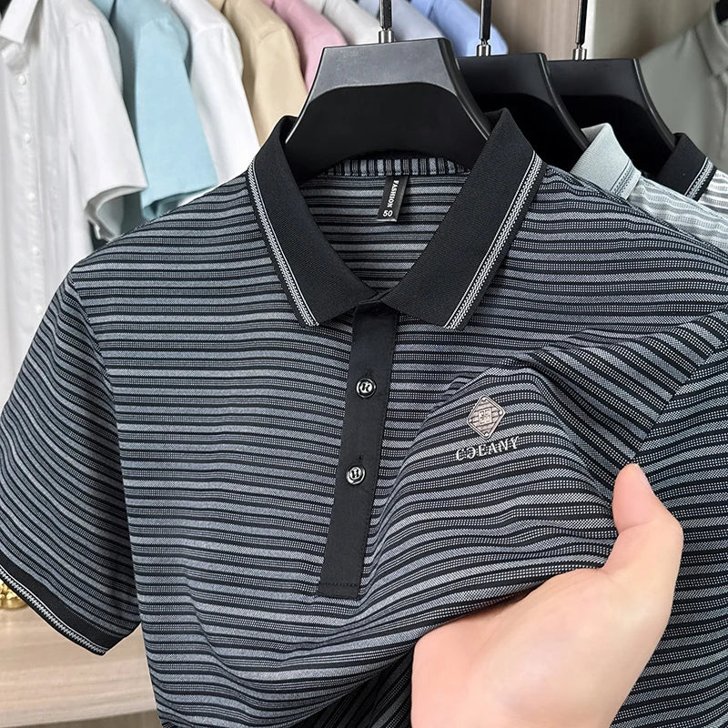 Unique fashion stripe short sleeve polo shirt high-end brand letter embossed men's business casual new summer breathable T-shirt