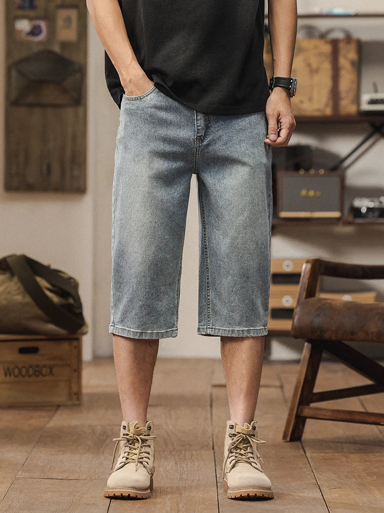 2025 New American retro cropped men wide leg jeans Y2k Gothic washed loose straight casual couple shorts sweatpants ATFH
