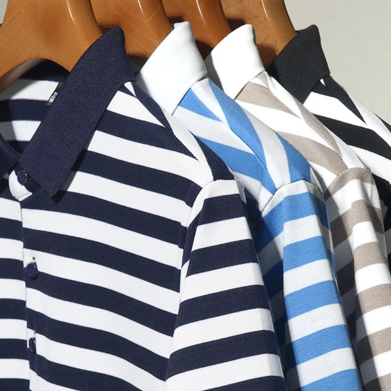 2024 Men's New Striped Cotton Business Casual Short sleeved POLO Shirt Fashion Short sleeved Comfortable and Breathable Top