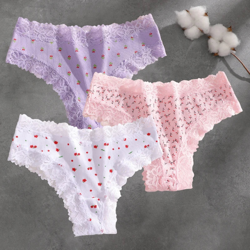 3Pcs Cotton Lace Patchwork Bikini Panties Women Seamless Floral Print Brazilian Pants Low Waist Breathable Female Sexy Lingerie