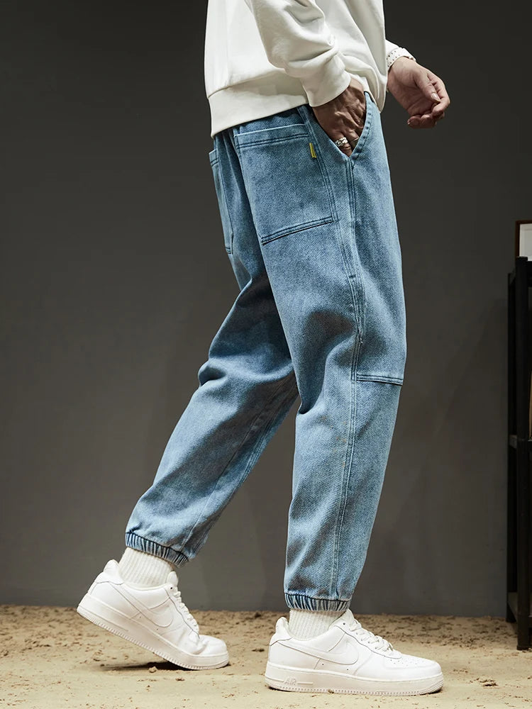 Spring Summer Men's Cargo Jeans Slight Stretch Cotton Denim Jogger Pants Black Blue Streetwear Baggy Jeans ATFH