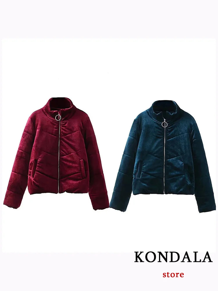 KONDALA Vintage Casual Women Jackets Solid O Neck Zipper Pocket Velvet Coats New Fashion 2023 Autumn Winter Thick Warm Outwears ATFH