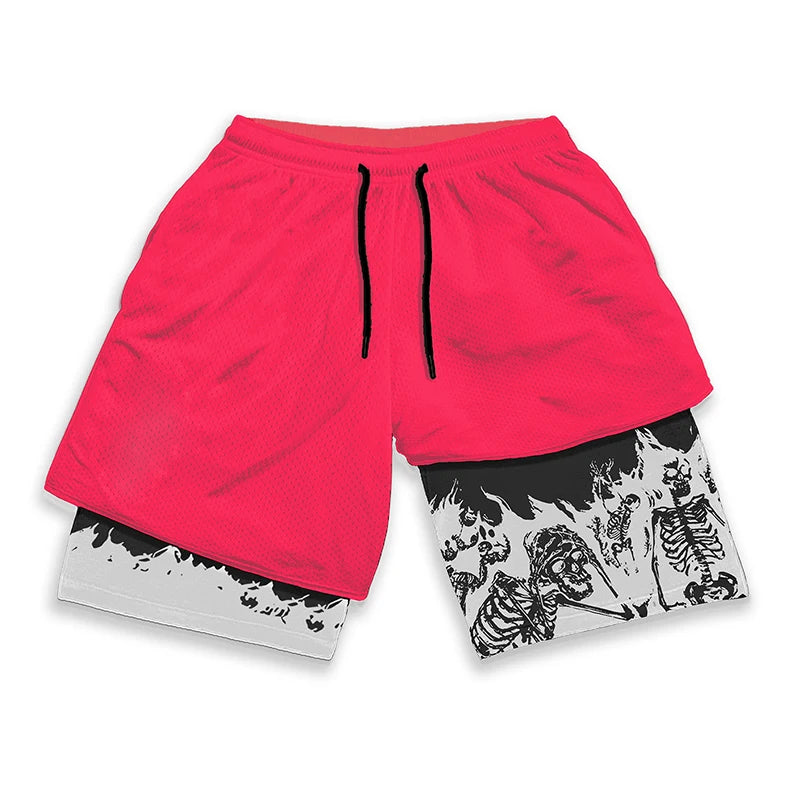 Y2K Gothic Punk Skull Print 2 in 1 Shorts for Men Gym Athletic Performance Shorts with Pockets Summer Workout Fitness Running