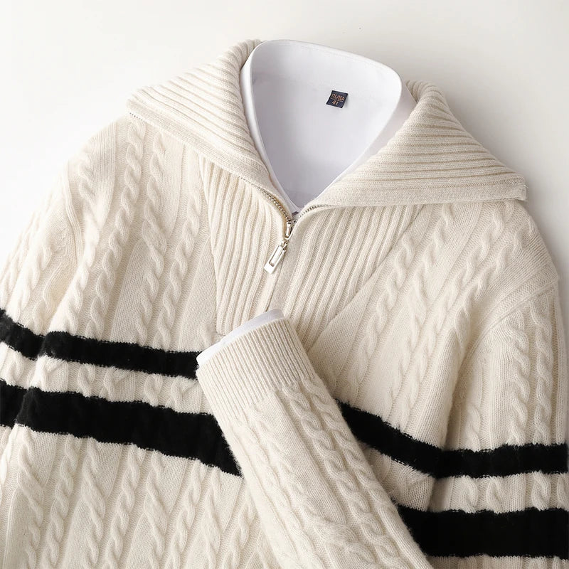 Thick Sweater Men 100% Wool Pullover Knitwear Half Ziper Turn-down Neck Knitted Top Casual Twist Flower Pure Wool Sweater - ATFH