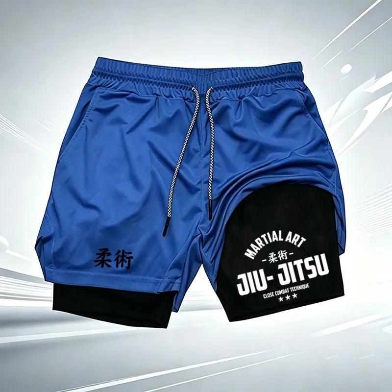 Martial Art Jiu-Jitsu Print Ufc Men's Double-Layer Sports Shorts, Quick Dry, Anti-Chafe, for BJJ, MMA & Fitness wx249
