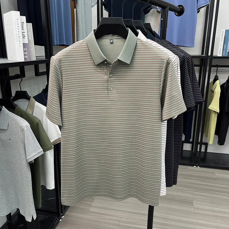 High quality brand ice silk short sleeve polo shirt summer trend striped design men's T-shirt new breathable business casual top