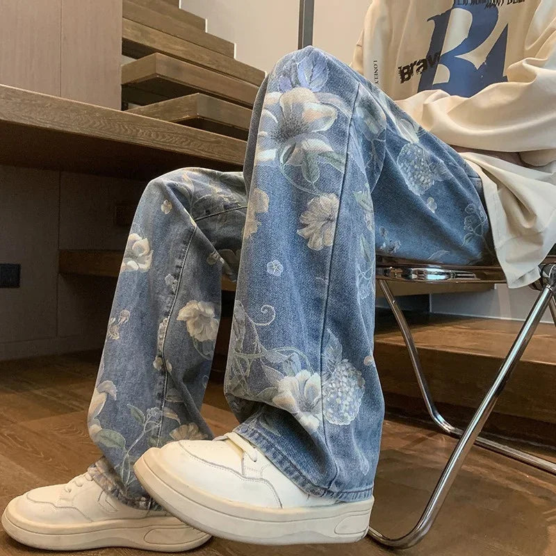 Autumn Floral Printed Jeans For Men 2024 New Y2K Vintage Denim Pants Hip Hop Fashion Wide-leg Baggy Jean Streetwear Trousers ATFH