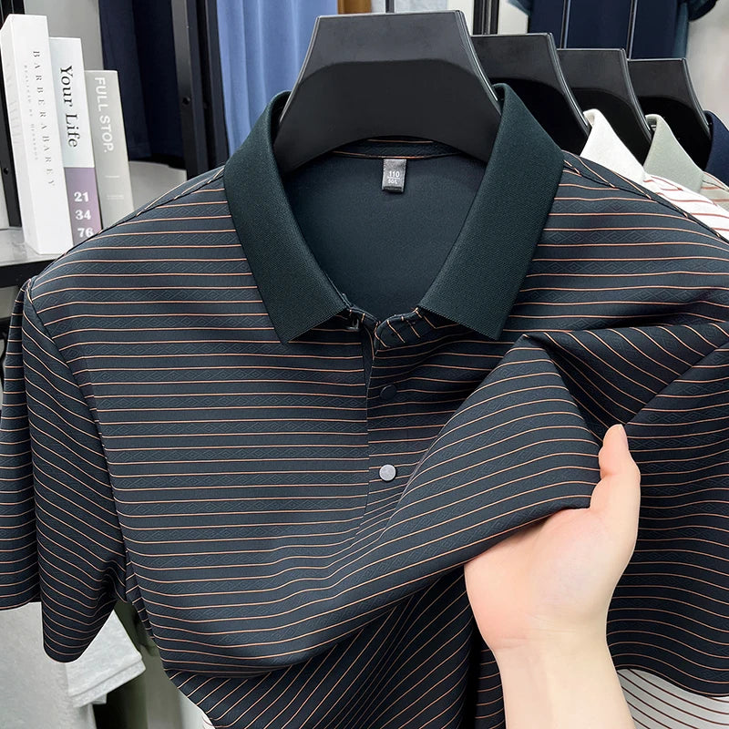 High quality brand ice silk short sleeve polo shirt summer trend striped design men's T-shirt new breathable business casual top